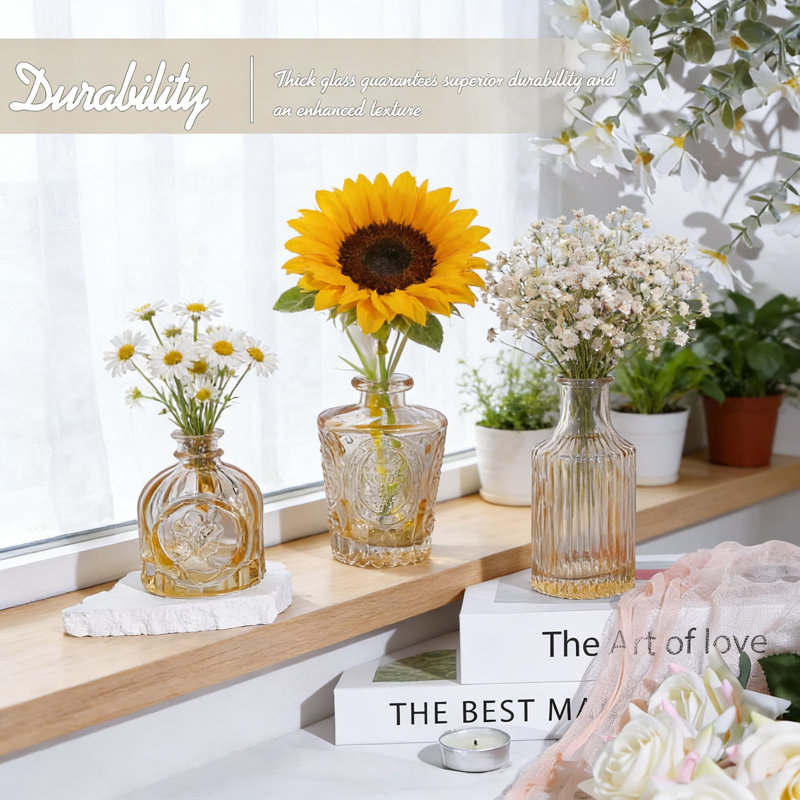 Ensemble de 24 vases à fleurs en verre ambré, petits vases à fleurs gravés rétro pour centres de table de mariage, décor de table pour la maison et décorations en vrac
