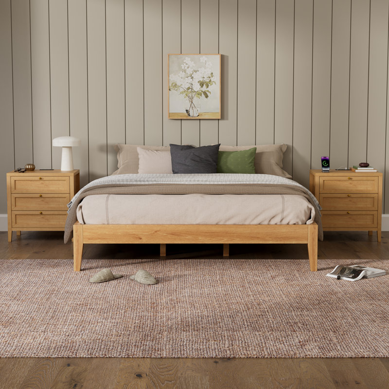 Farmhouse Nightstand With Build-In Power Strip For Bedroom, Living Room, Set of 2, Oak