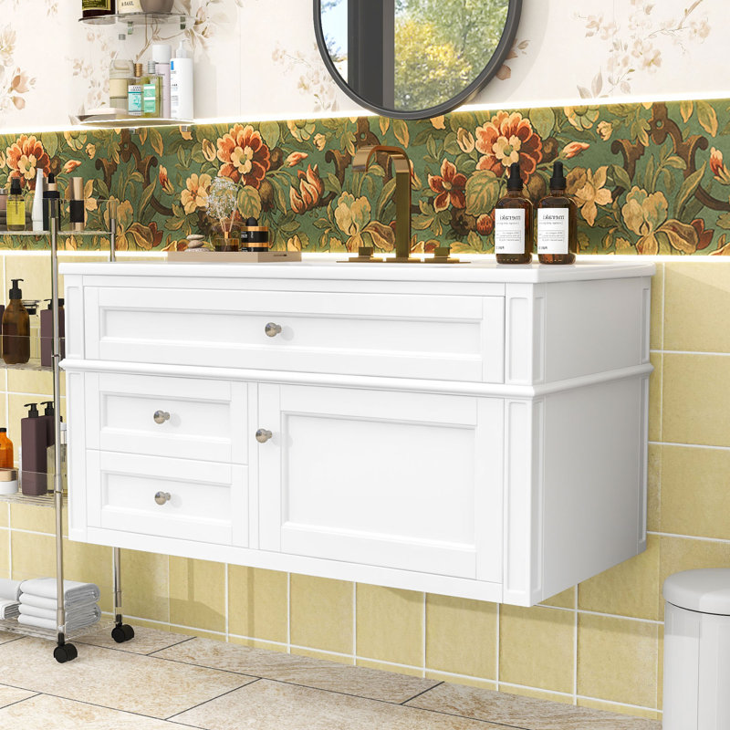 Meuble-lavabo mural moderne avec lavabo en céramique, portes à fermeture douce et grand espace de rangement, White