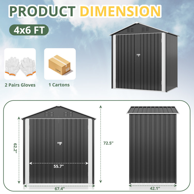 Outdoor Metal Storage Shed with Updated Frame Structure and Lockable Doors, 72.5" H x 67.4" W x 42.1" D