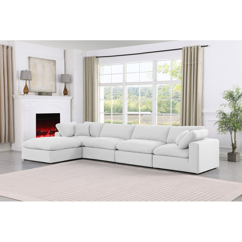 Canapé modulaire 5 pièces rembourré, Tissu texturé en lin blanc