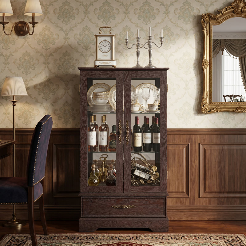 Lighted 2-Door Glass Curio Display Cabinet With Adjustable Shelves, Built-In Drawer, And Included Light Bulb, Cherry