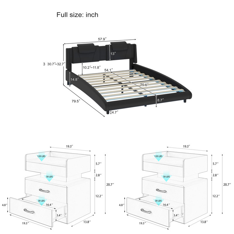 Ensemble de lit plateforme tapissier à 3 compartiments avec DEL, tête de lit réglable et 2 tables de chevet avec DEL réglable
