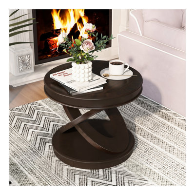 Table de bout ronde en bois rétro, table d'appoint avec base en X pour salle à manger ou salon en famille.  Espresso