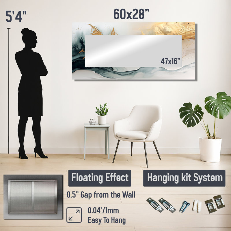 Gold Harmony Ferns I - décoration murale miroir floral - imprimé sur métal, 28 po x 60 po