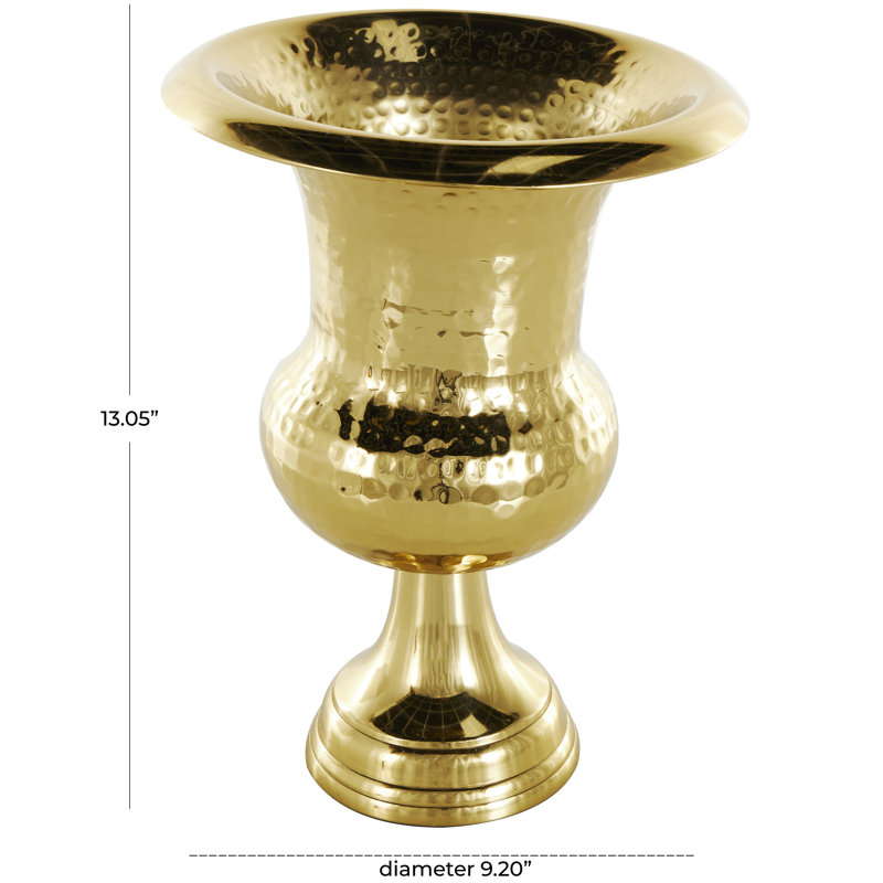 Jerrae Aluminum Metal Goblet Inspired Hammered Decorative Gold Vase, 13.05" H x 9.25" W x 9.20" D, Gold