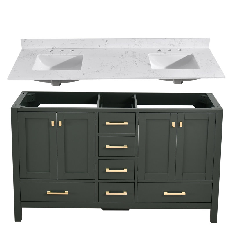 Meuble-lavabo 60 po avec lavabo double 60 po, Vert, Or brossé