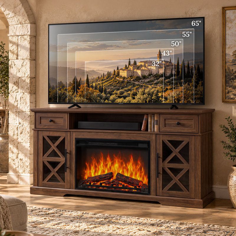 Meuble télé rustique de 150 cm (59 po) pour téléviseurs jusqu'à 165 cm (65 po) avec foyer électrique de 66 cm (26 po) inclus