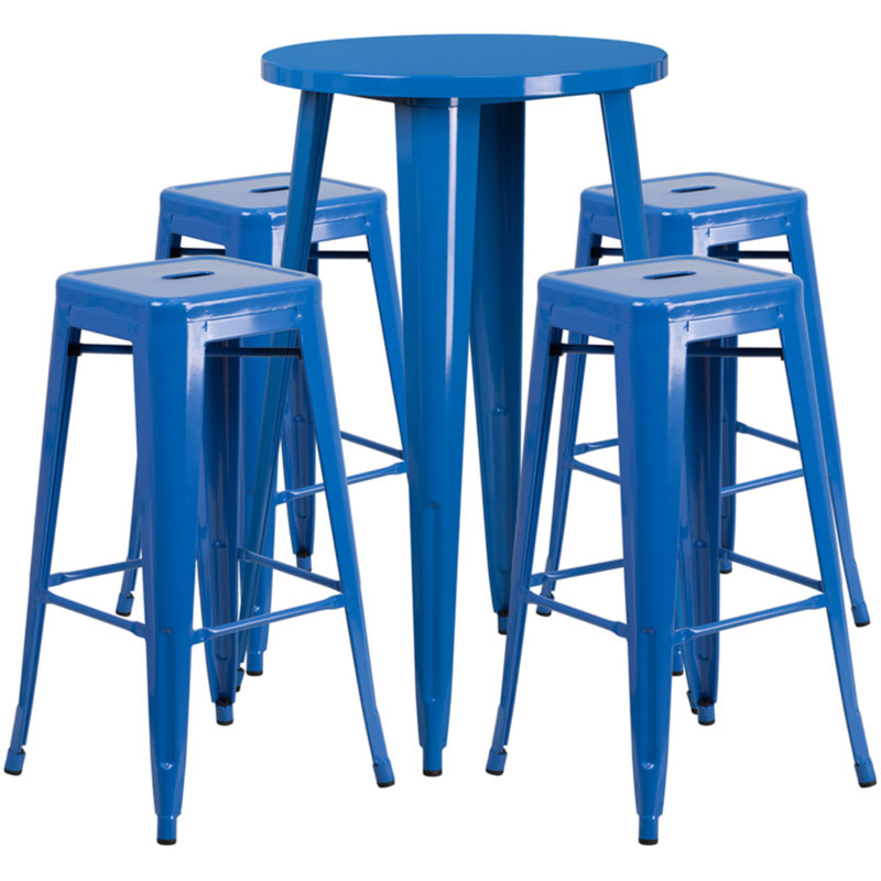 Colbert 30'' Round Metal Indoor-Outdoor Bar Table Set with 4 Square Seat Backless Stools, Blue, 41" H x 24" W x 24" L