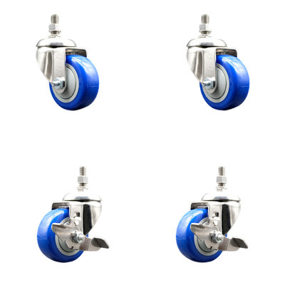 3.5 Inch 316SS Blue Polyurethane Swivel 10mm Stem Caster Set 2 Brake SCC
