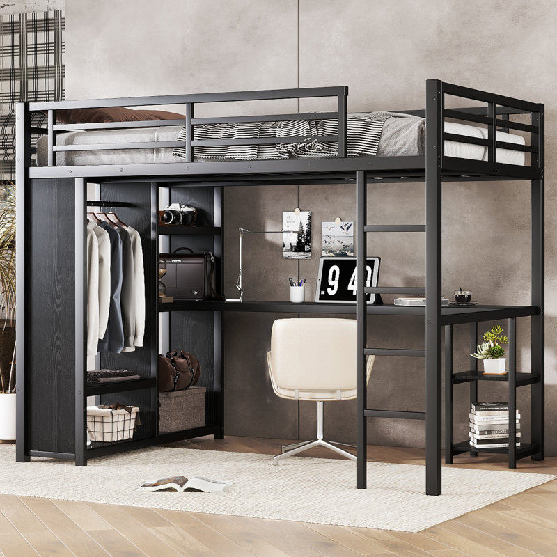 Structure de lit mezzanine pleine grandeur en métal avec garde-robe intégrée, bureau et tablettes de rangement pour la chambre à coucher, conception peu encombrante