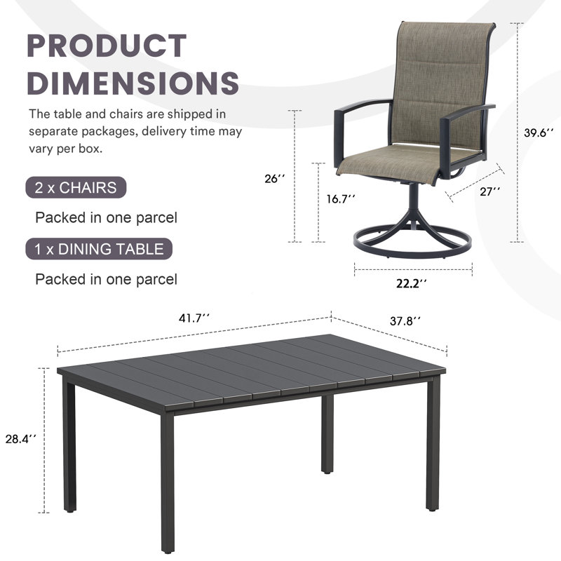 Patio Dining Set with Rectangular Dining Table and  Padded Swivel Chairs, Black/Black