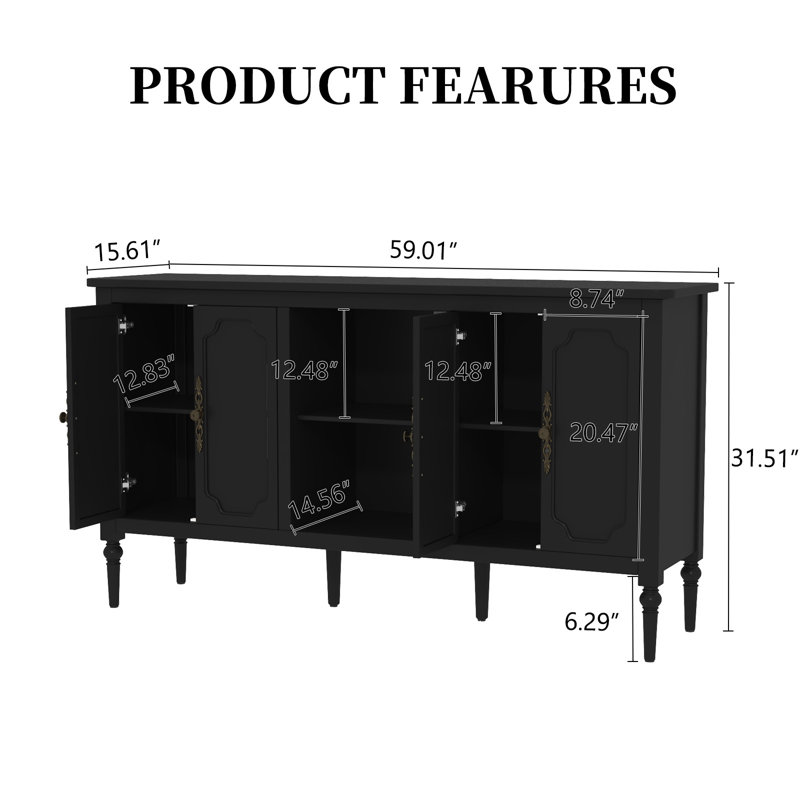 Buffet Gurbachan vintage 4 portes de 150 cm de large avec étagères ouvertes, Noir