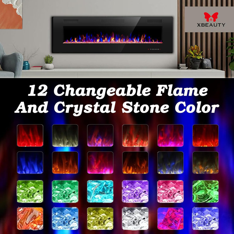 50" Black Electric Fireplace with Multicolor Flames and Remote Control