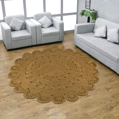 Tapis écologiques en jute tissés à la main - ronds | Couleur blanche | Motif oriental, velours haut, fibre naturelle, tapis d'intérieur faits à la main pour le salon, la chambre à coucher