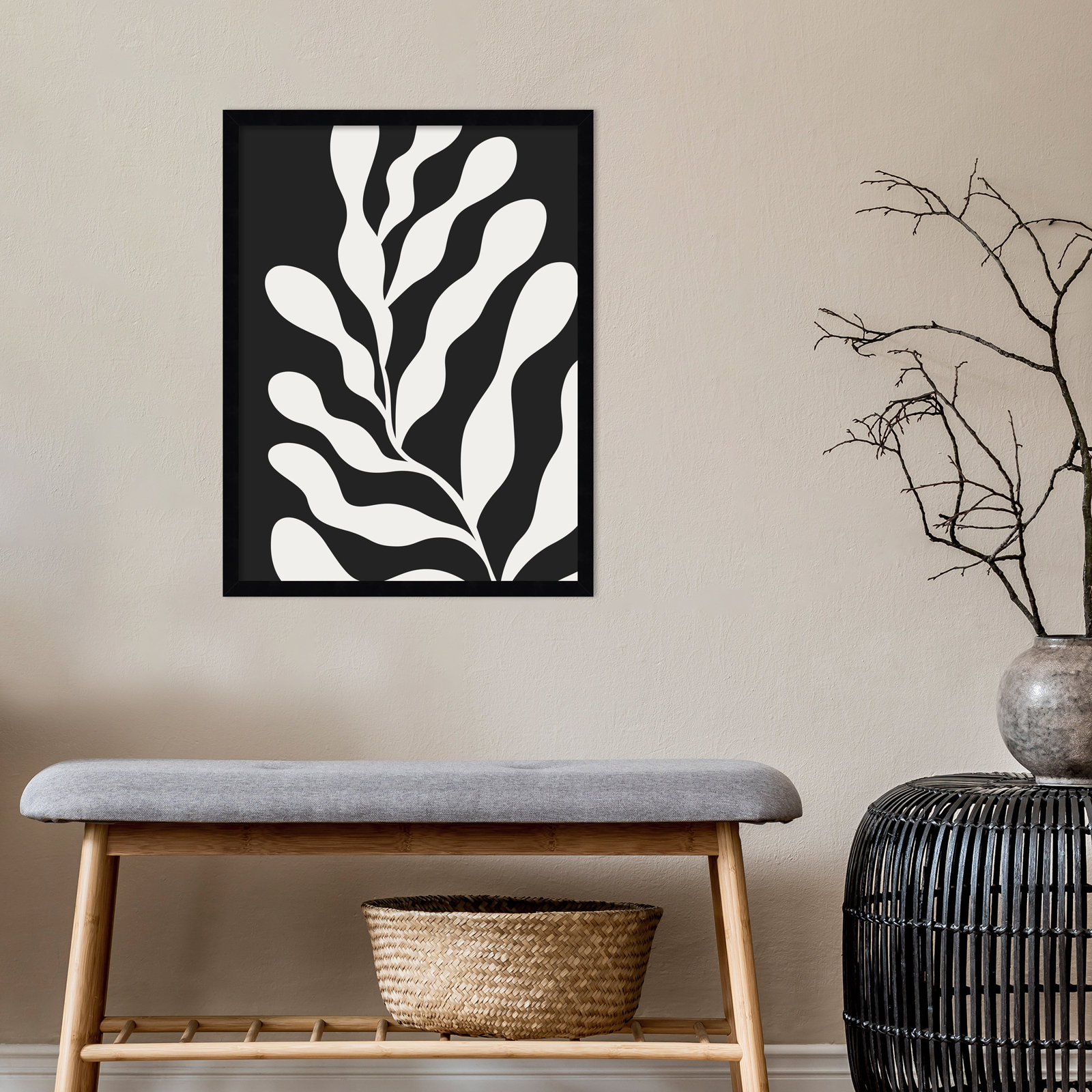 Erminia "Retro Matisse Botanical 3" Print, Black, 25" H x 19" W x 1" D