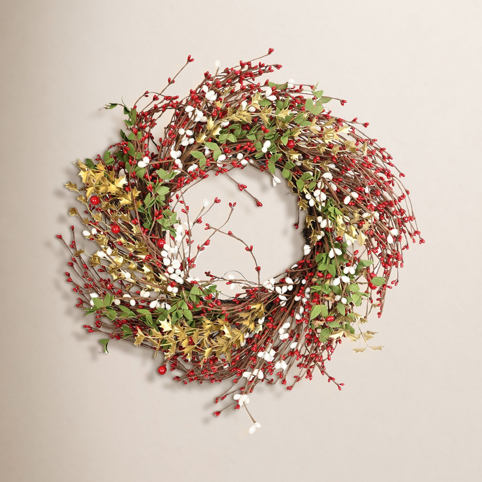 18" Artificial Farmhouse Grapevine Twig Mini Eucalyptus Berry Pip Christmas Day Winter Wreath For Front Door