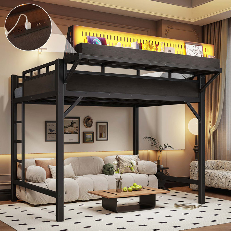 Structure de lit mezzanine en métal avec tablettes de rangement, charge USB et éclairage DEL