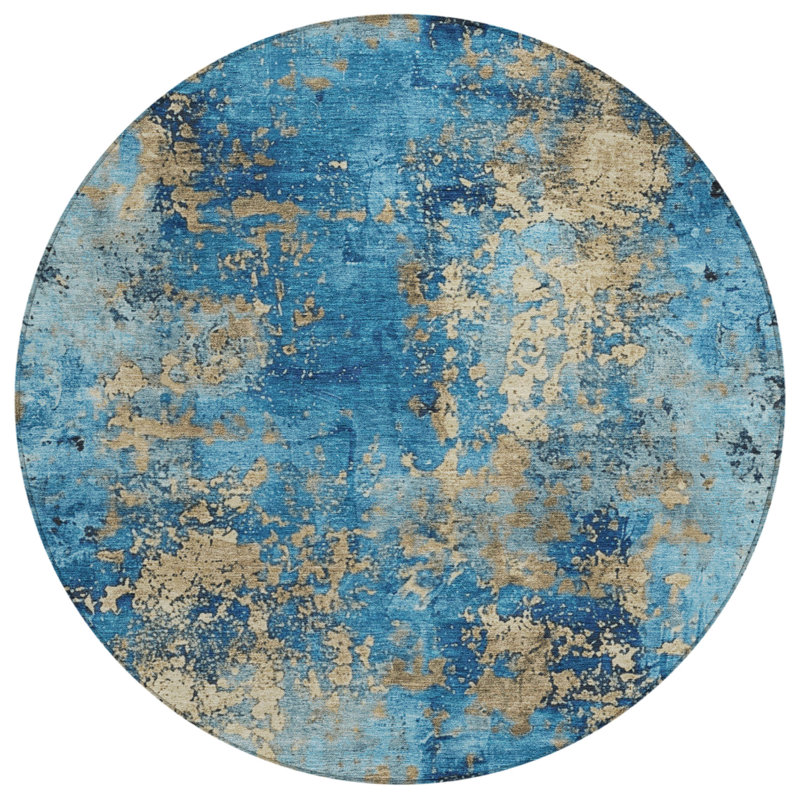 Tapis bleu intérieur / extérieur lavable à la machine Xhevrie, Rond 8 pi