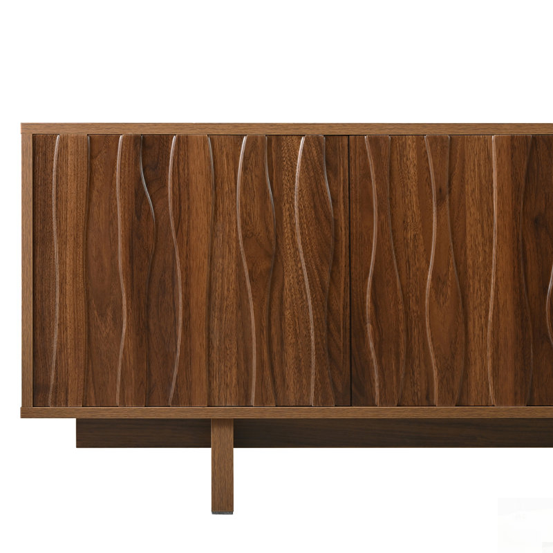 Meuble télé rétro à grain de bois avec porte ondulée pour téléviseur de 75 à 75 po, rangement spacieux et gestion des câbles, base robuste pour le salon
