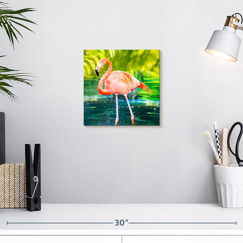 Flamant rose patauger dans l'eau, H 10 po x l 10 po