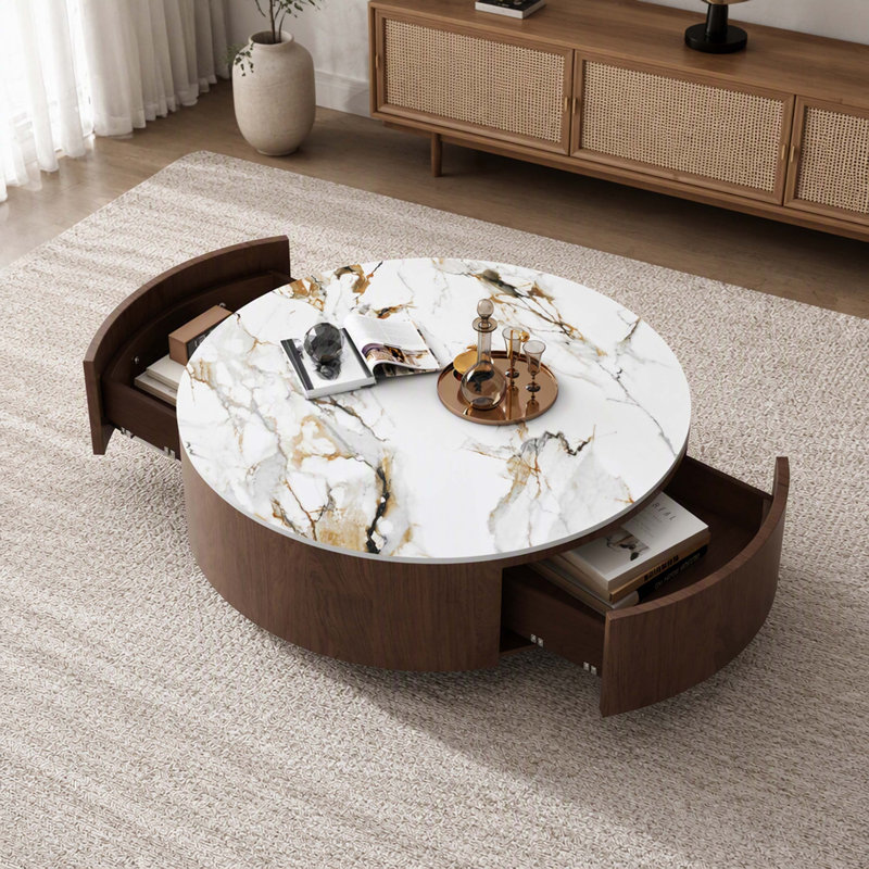 Table basse Rustic-Chic, plateau de table en pierre frittée et deux tiroirs de rangement intégrés, table basse de style moderne pour la décoration du salon