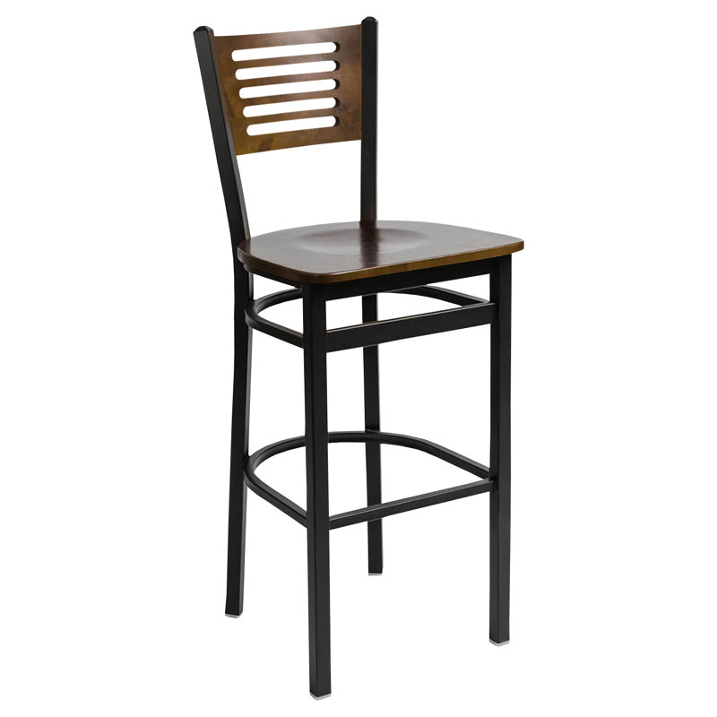 Espy Slotted Wood Back Barstool - Walnut Back - Walnut Wood Seat - Steel Frame - Sand Black Finish