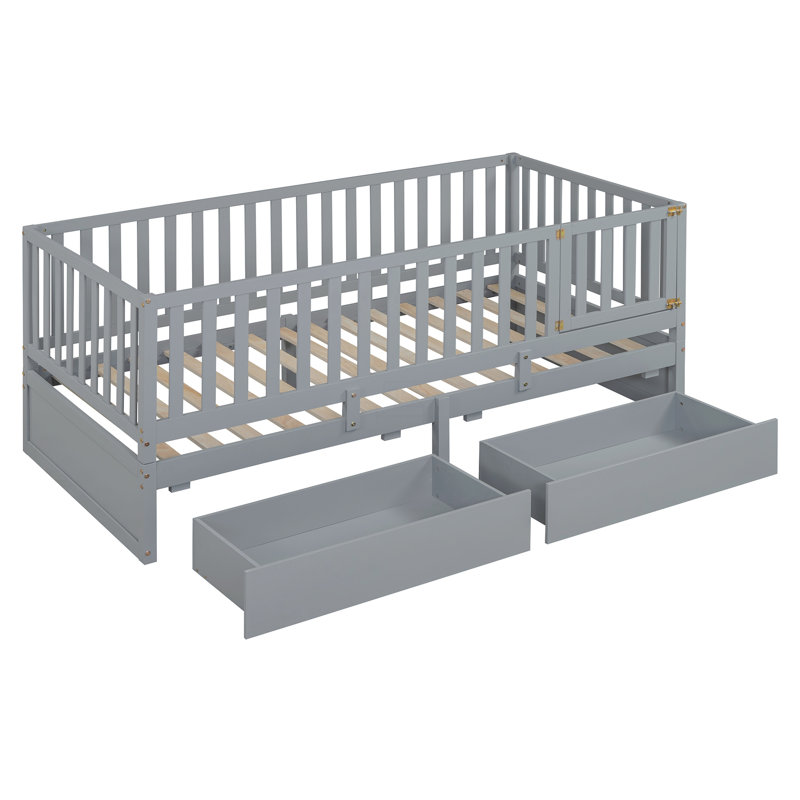 Twin Size Wood Daybed With Fence Guardrails And 2 Drawers, Split Into Independent Floor Bed & Daybed, Gray