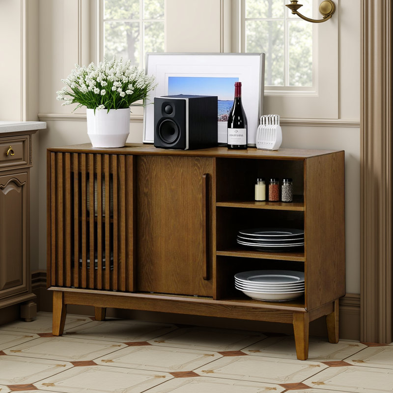 Fluted Rattan Sideboard Cabinet with Shelves, Outlet Holes & Solid Wood Base, 60"