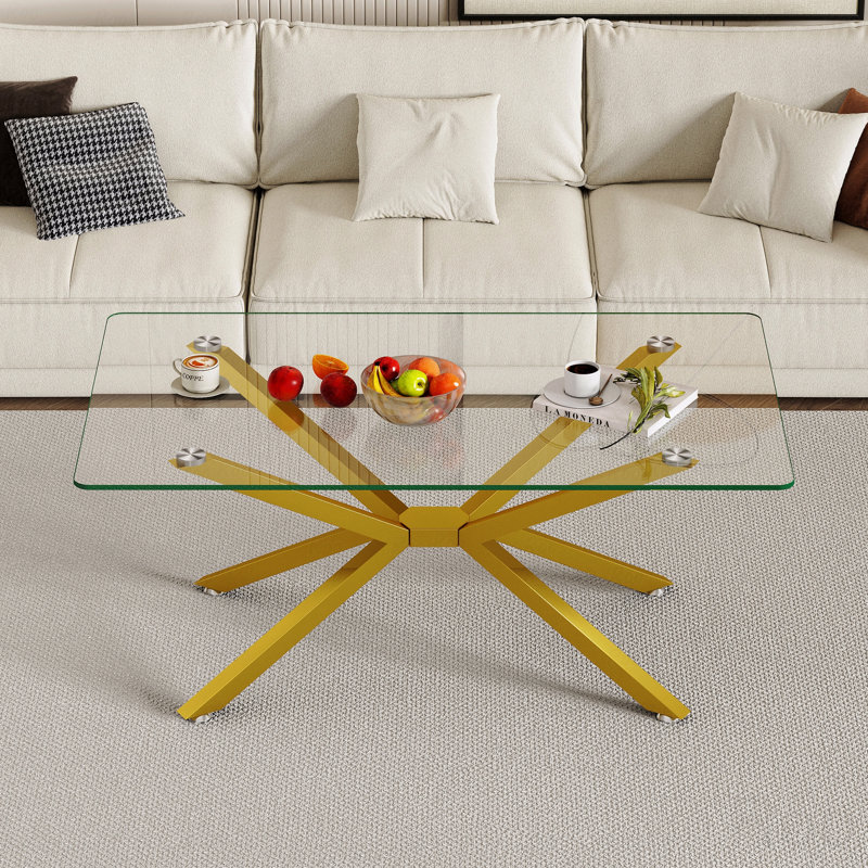 Table basse 39,37 "rectangulaire en verre trempé transparent, design élégant avec pieds en métal doré, Clair, Doré