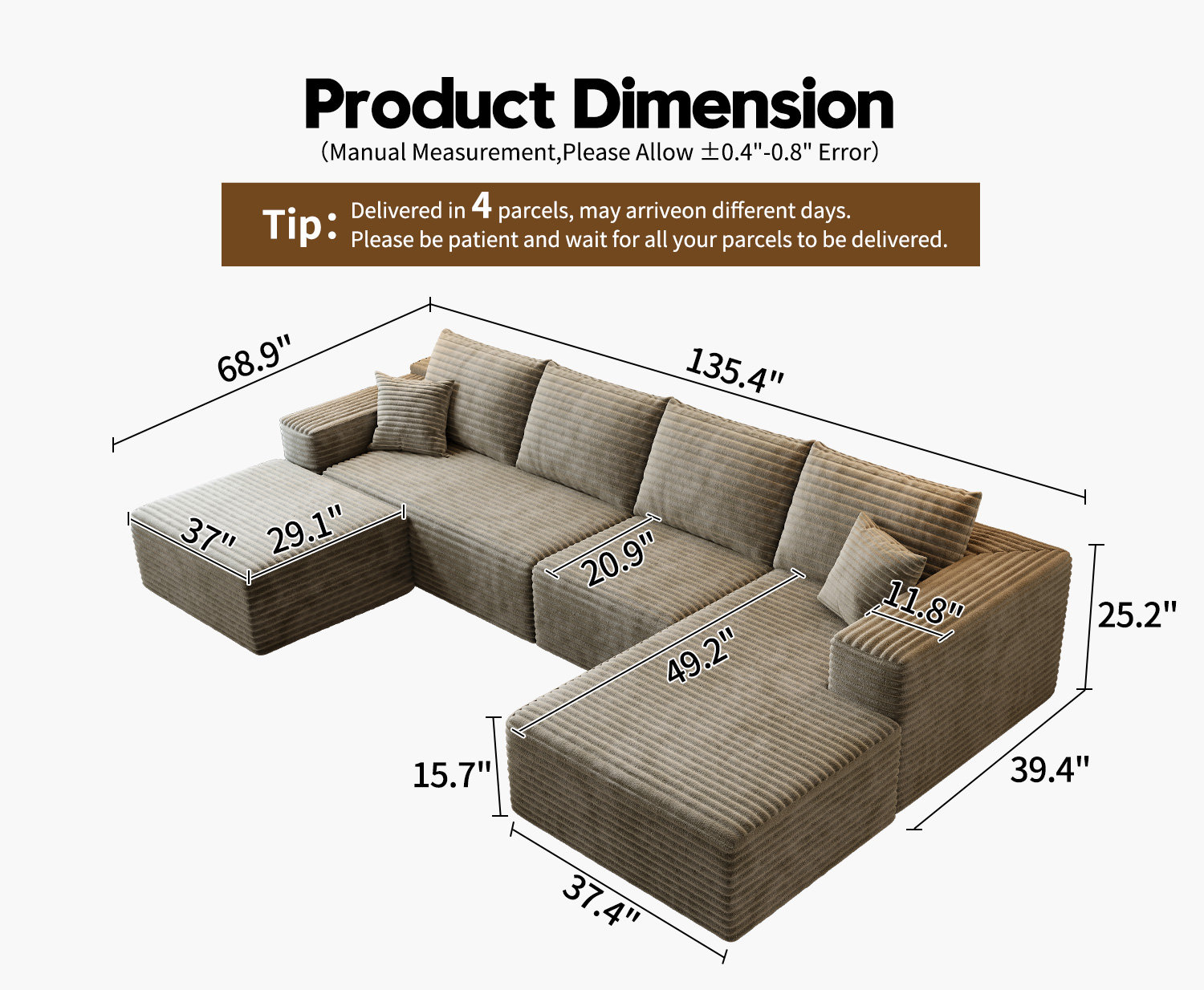 135.4"Cloud Modular Sectional Couch with 1 Ottoman,Modern Minimalist Upholstered Couches, Comfort U Shaped Sofa for Living Room,Deep Seat Corner Couch,No Assembly Required