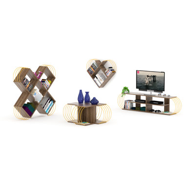 Meuble audio-vidéo moderne en bois massif de style Mid-Century, meuble télé de 68 po avec rangement ouvert à 4 tablettes