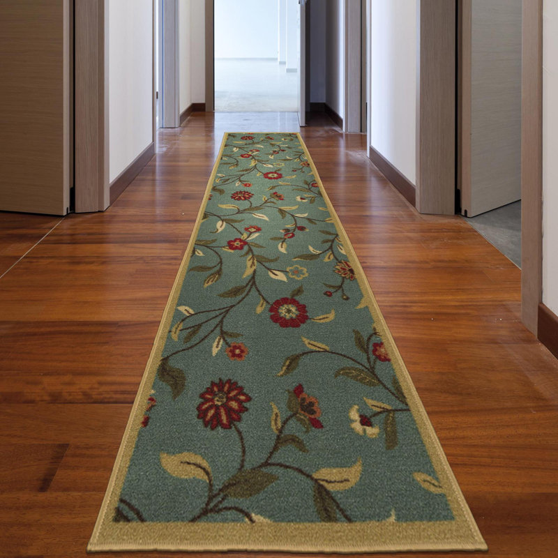 Ottohome Non-Slip Floral Leaves Area Rug For Living Room, Hallway, Entryway Rug, Seafoam Green, Runner 1'8" x 4'11"