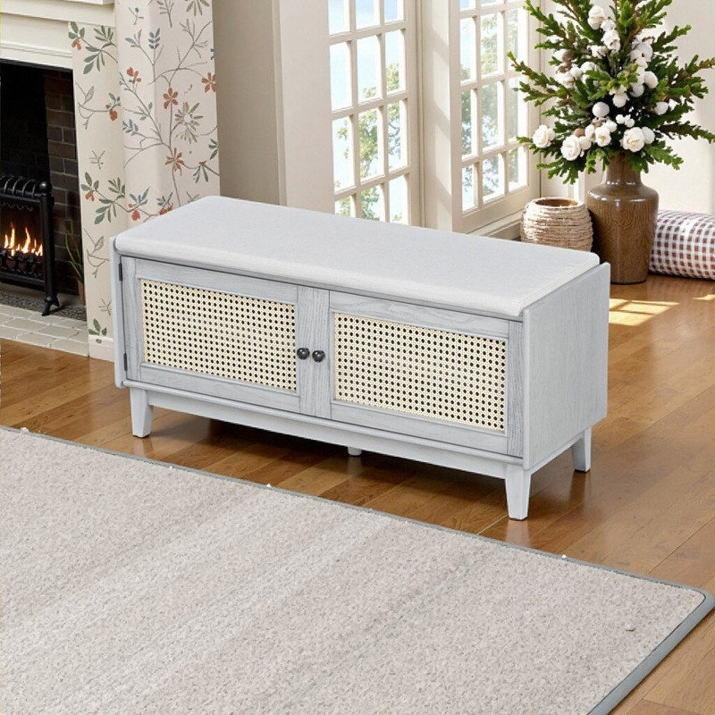 Banc de rangement avec portes en rotin, structure en bois de pin, coussin amovible et tablettes réglables, Beige, gris délavé