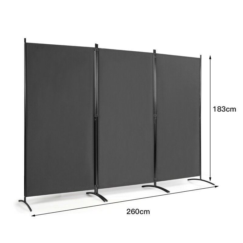 Ecevit 3 - Panel Folding Room Divider, Grey, 183cm H x 260cm W x 50.8cm D