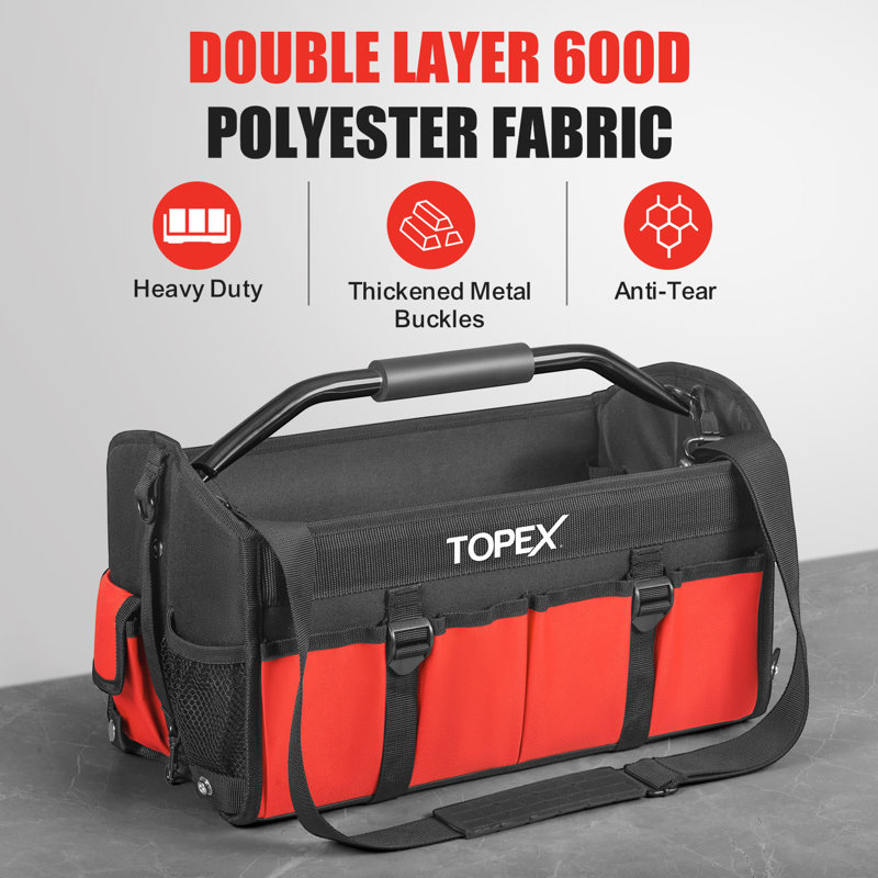  Sac à outils de 16 pouces, organisateur multi-poches, sac fourre-tout à large ouverture avec bandoulière réglable, poignée en acier rotative et pliable