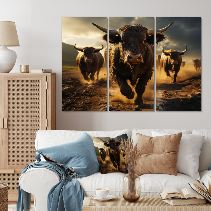 " Cattle Running II " 3 - Pieces, 32" H x 48" W