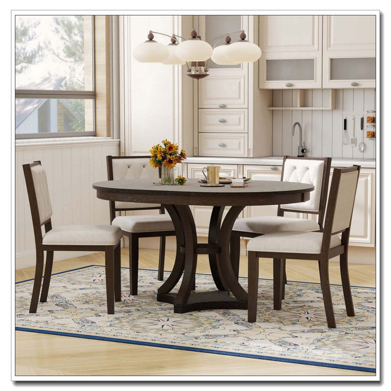 Ensemble de salle à manger extensible 5 pièces rétro avec placage de chêne et base en diamant, Espresso