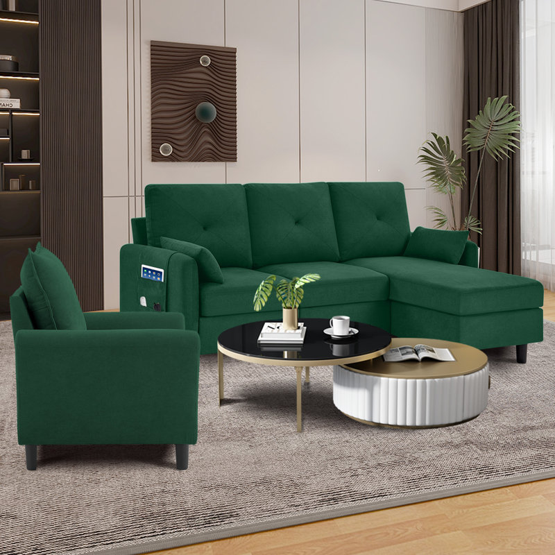 Green Polyester Blend 3-Piece Convertible Sectional Sofa Set
