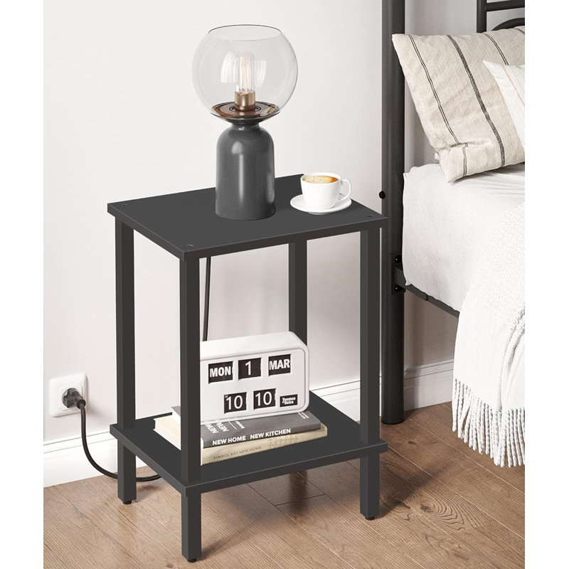 Black 2-Tier Rectangular Side Table with Storage Shelf