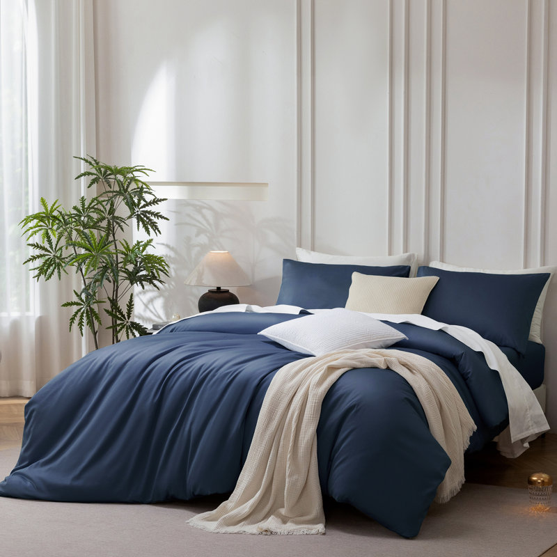 MooMee Duvet Cover Set Silky Sateen Look Luxury Sheen Zipper Closure & 8 Interior Ties 100% Long-Staple Cotton 600TC 