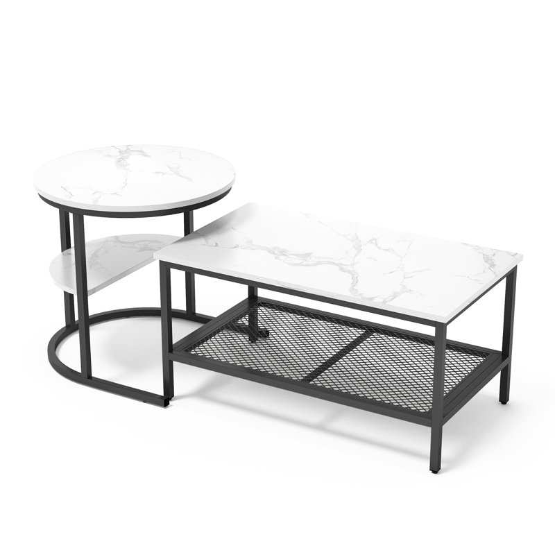 80Cm Modular Coffee Table Set (Set Of 2), Interlocking Round Side Table & Rectangular Table With Shelf, Gold & Black, Black