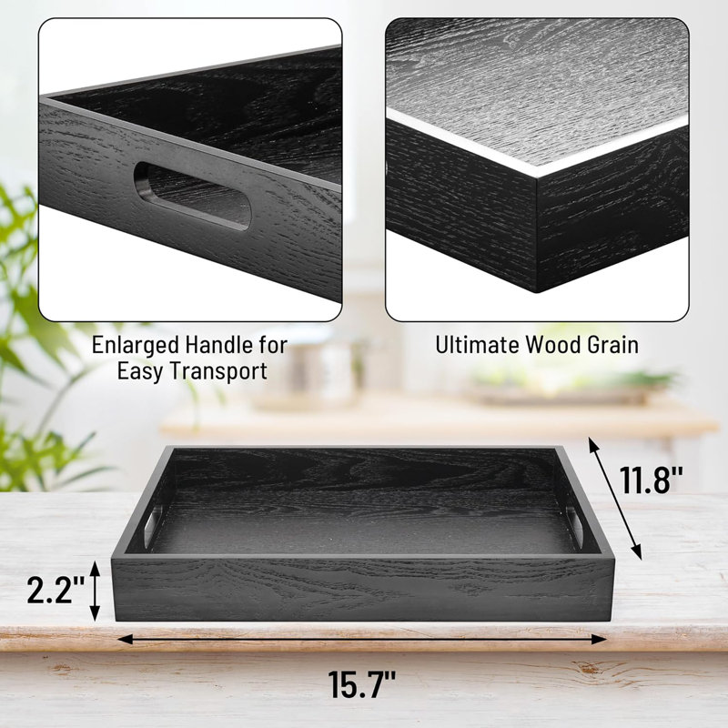 Wooden Serving Tray With Handles - Large Rectangle Ottoman Tray For Breakfast, Drinks, And Decor - Durable MDF With Wood Grain Veneer - Spill Proof Design For Kitchen, Living Room, Bathroom
