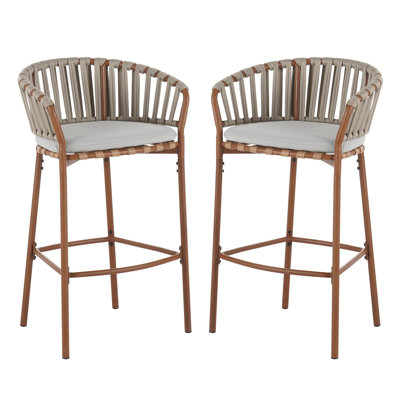 Set Of 2 Outdoor Metal Rope Barstool, Teak Finished Frame And Beige Cushion