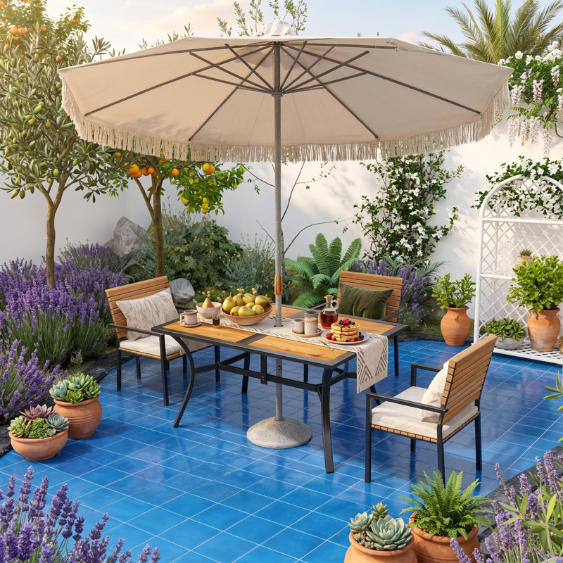 Table de salle à manger rectangulaire stable en faux bois avec trou pour parasol