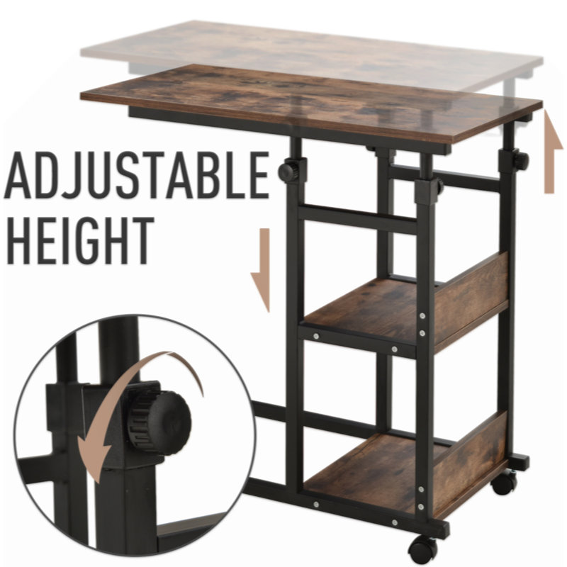 Industrial C-Shaped Mobile Rolling Sofa Side Table With 3-Tier Storage Shelving, Adjustable Height