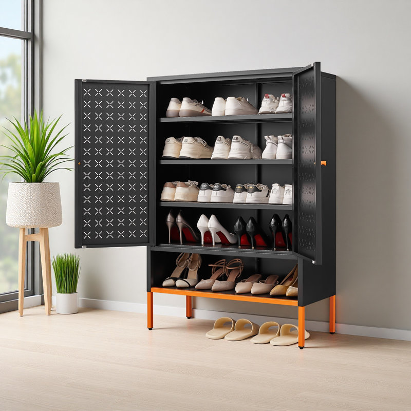 Armoire à chaussures à double porte Grid, trois compartiments réglables pour un rangement flexible, compartiment à langer creux suspendu, conception inférieure à 15 cm résistante à l'humidité