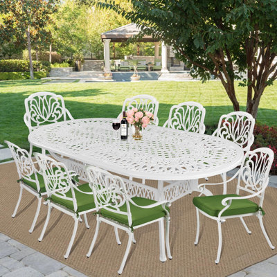 Bloomsbury Market 9-piece Outdoor Patio Dining Set- 8 Outdoor Dining Cushioned Chairs And 1 Oval Table With 2.2" Umbrella Hole, All Weather Cast Alumi