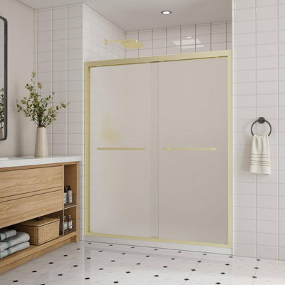 43"-48" W x 76" H Aluminum Semi-frameless Double Sliding Shower Door in Brushed Gold with 1/4" Frosted Tempered Glass, Dual Handle