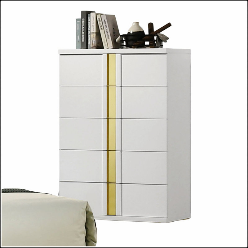 Commode 1 pièce de style contemporain avec un design moderne, des pieds de support en métal, une finition dorée et blanche, un étui anti-poussière et des glissières à roulement à billes